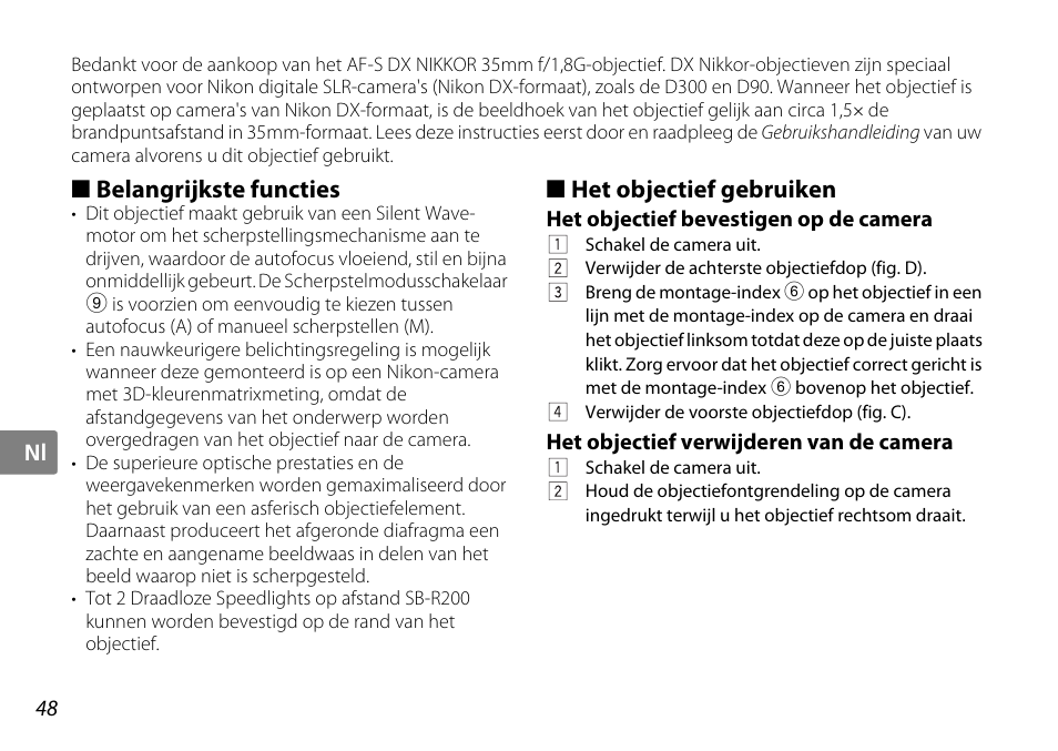 Belangrijkste functies, Het objectief gebruiken, Het objectief bevestigen op de camera | Het objectief verwijderen van de camera, Montage-index (p. 48 | Nikon AF-S DX NIKKOR User Manual | Page 48 / 80