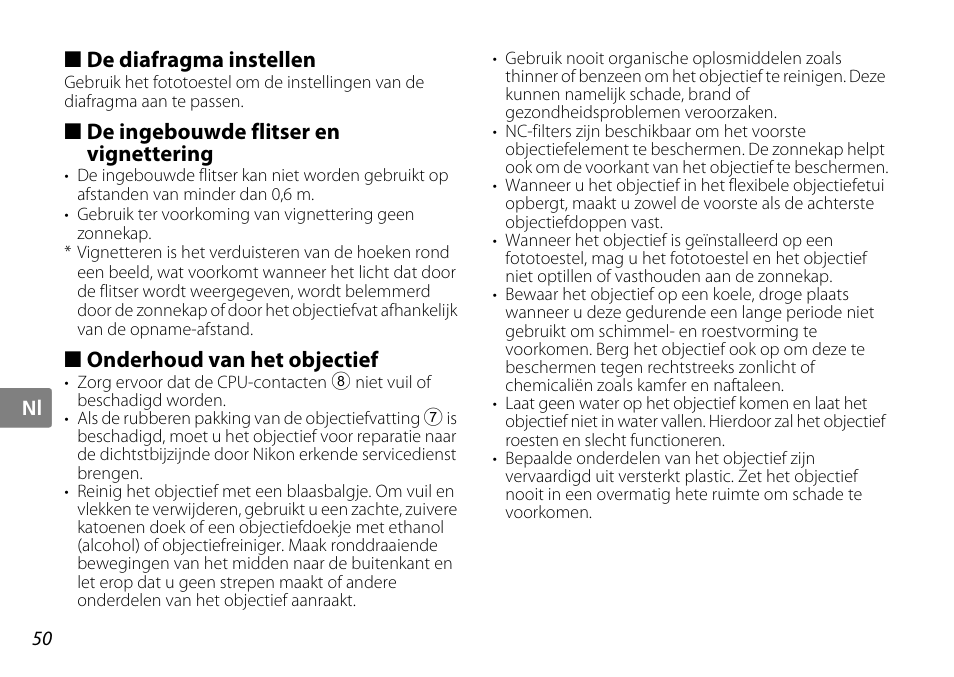 De diafragma instellen, De ingebouwde flitser en vignettering, Onderhoud van het objectief | P. 50), Cpu-contacten (p. 50) | Nikon AF-S DX NIKKOR User Manual | Page 50 / 80