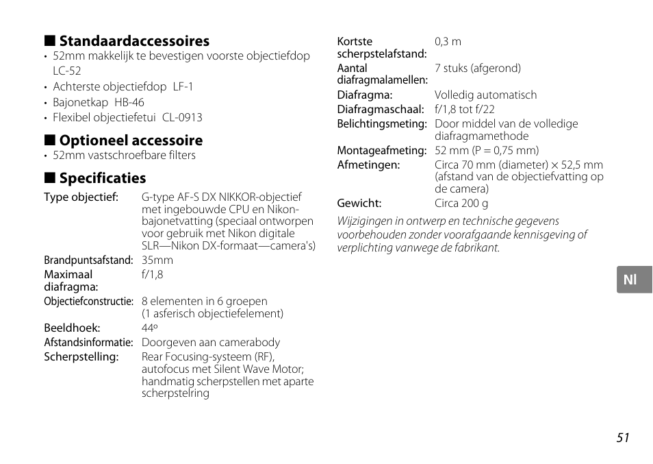 Standaardaccessoires, Optioneel accessoire, Specificaties | Nikon AF-S DX NIKKOR User Manual | Page 51 / 80