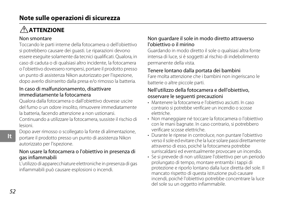 Note sulle operazioni di sicurezza, Attenzione | Nikon AF-S DX NIKKOR User Manual | Page 52 / 80