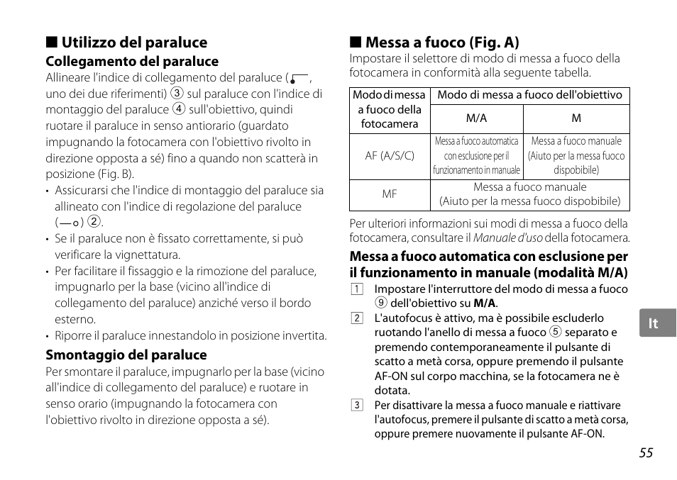Utilizzo del paraluce, Collegamento del paraluce, Smontaggio del paraluce | Messa a fuoco (fig. a), Paraluce (p. 55), P. 55), Oco (p. 55) | Nikon AF-S DX NIKKOR User Manual | Page 55 / 80