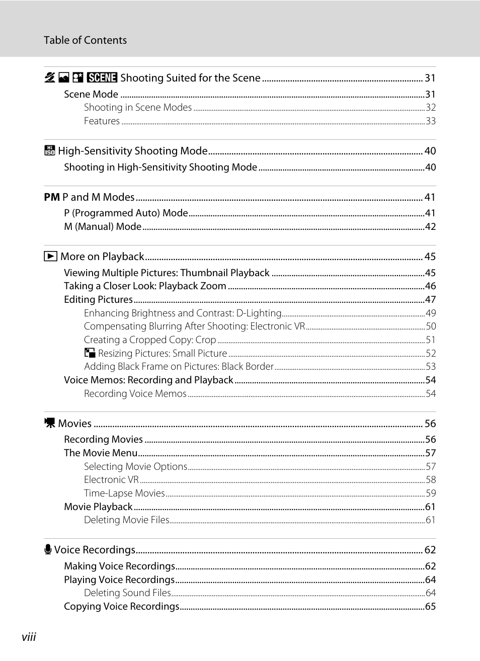 Viii | Nikon Coolpix P50 User Manual | Page 10 / 152