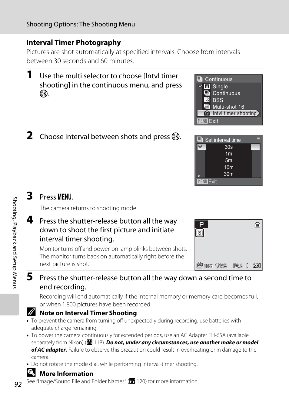 Interval timer photography, Choose interval between shots and press k, Press d | Nikon Coolpix P50 User Manual | Page 104 / 152