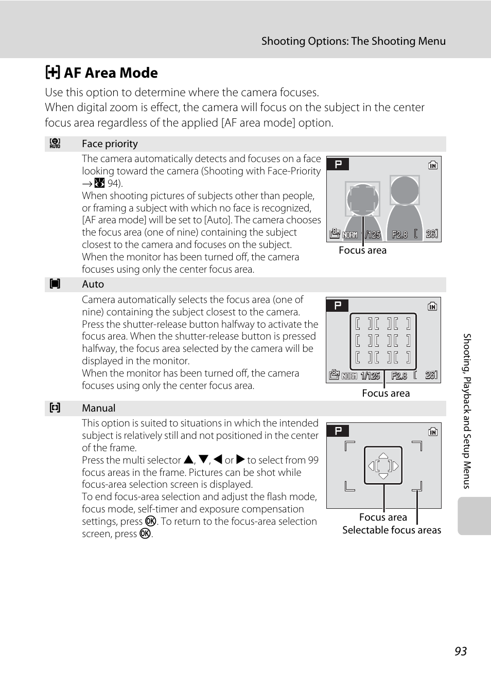 Af area mode, G af area mode, A 93). when | A 93), A 93, A 93). availa | Nikon Coolpix P50 User Manual | Page 105 / 152