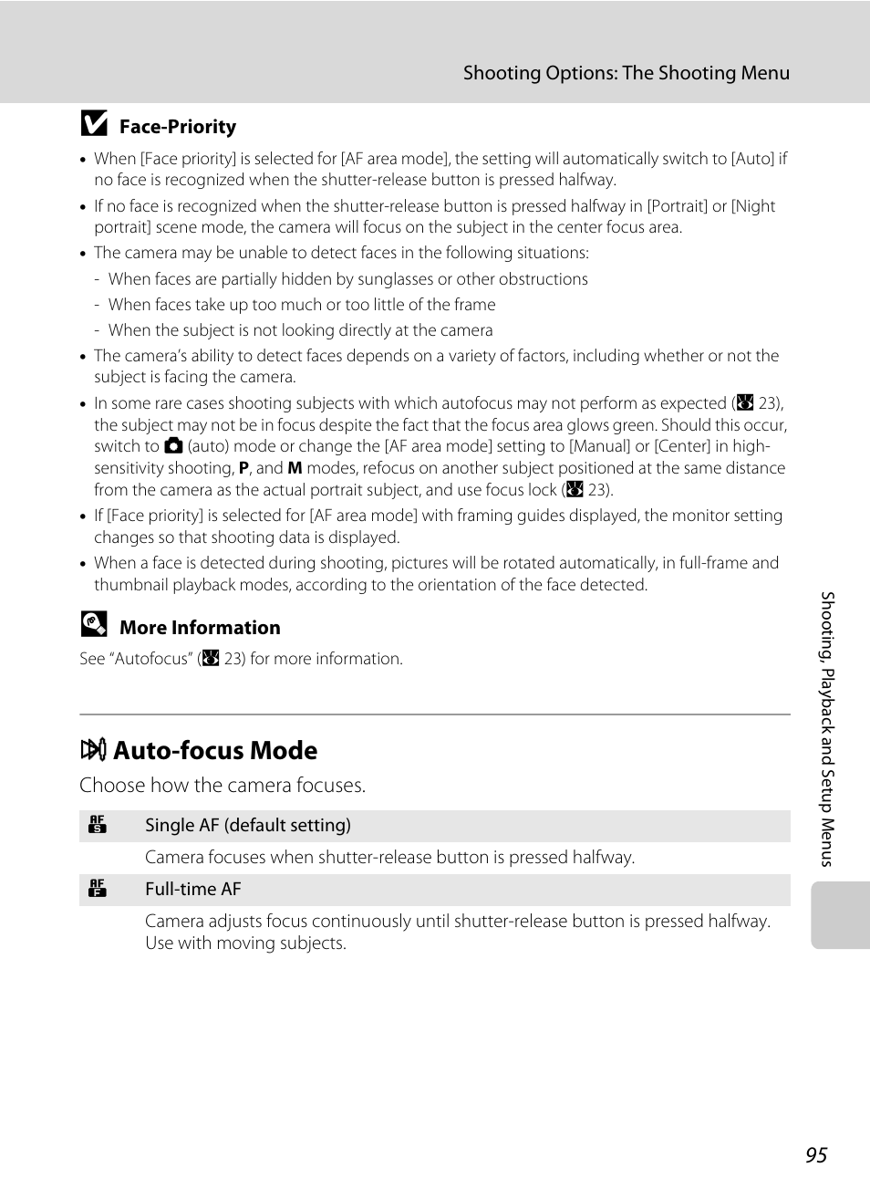 Auto-focus mode, I auto-focus mode, A 95 | Nikon Coolpix P50 User Manual | Page 107 / 152