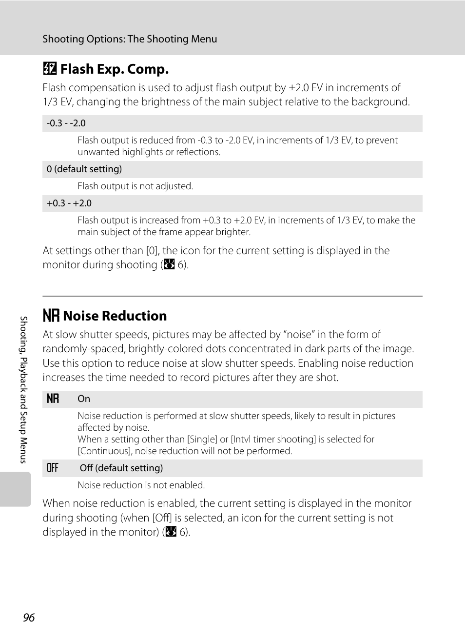 Flash exp. comp, Noise reduction, J flash exp. comp m noise reduction | A 96) i, A 96, J flash exp. comp, M noise reduction | Nikon Coolpix P50 User Manual | Page 108 / 152