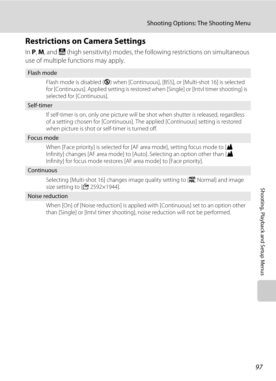 Restrictions on camera settings, A 97 | Nikon Coolpix P50 User Manual | Page 109 / 152