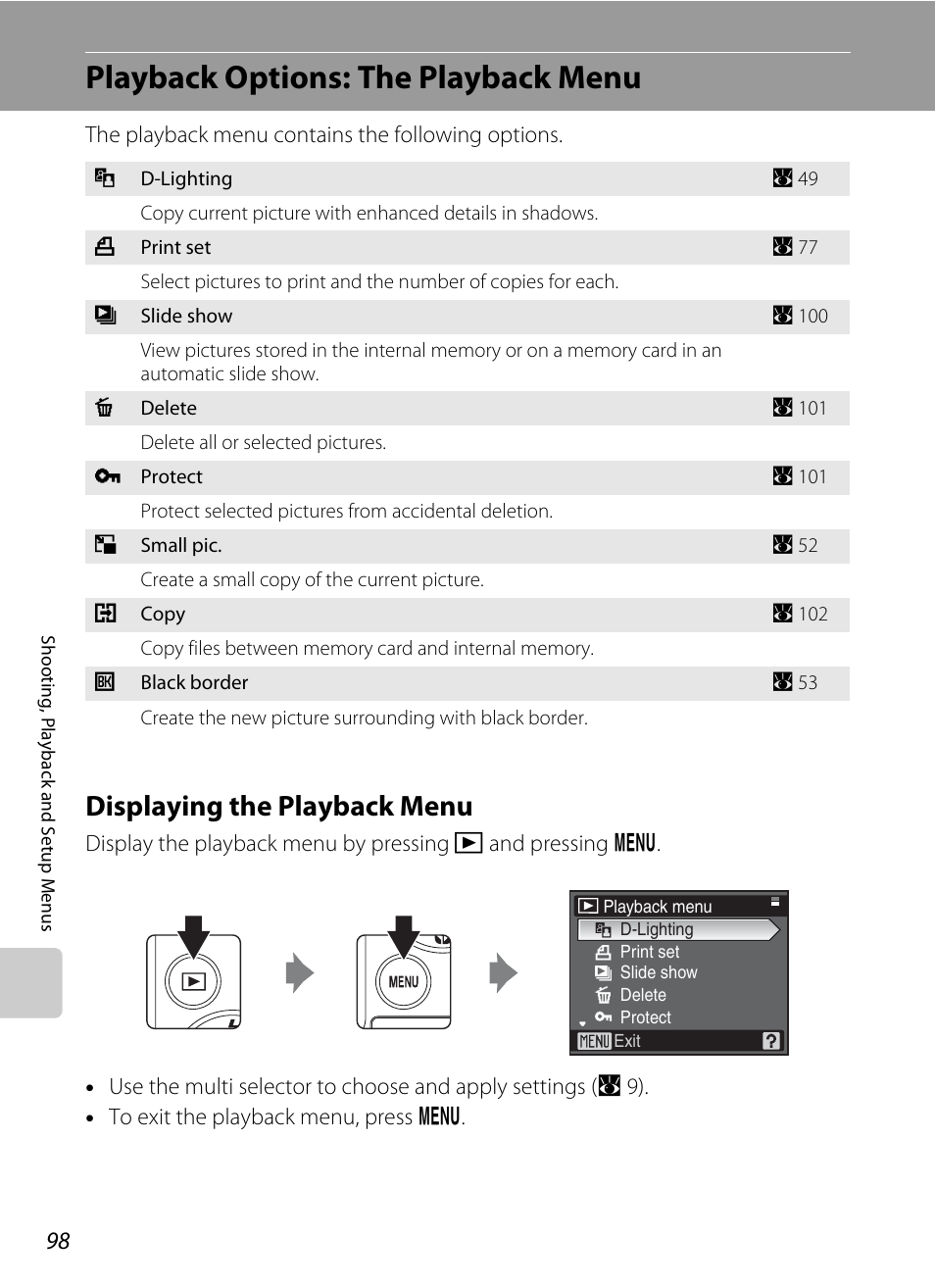 Playback options: the playback menu, Displaying the playback menu | Nikon Coolpix P50 User Manual | Page 110 / 152