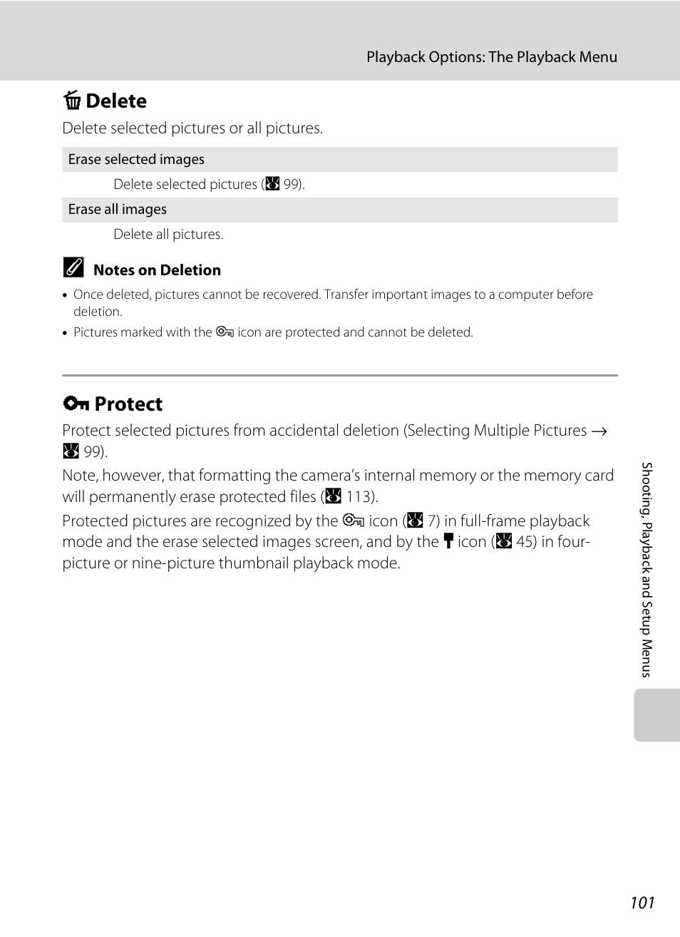 Delete, Protect, C delete d protect | A 101, A 101), C delete, D protect | Nikon Coolpix P50 User Manual | Page 113 / 152