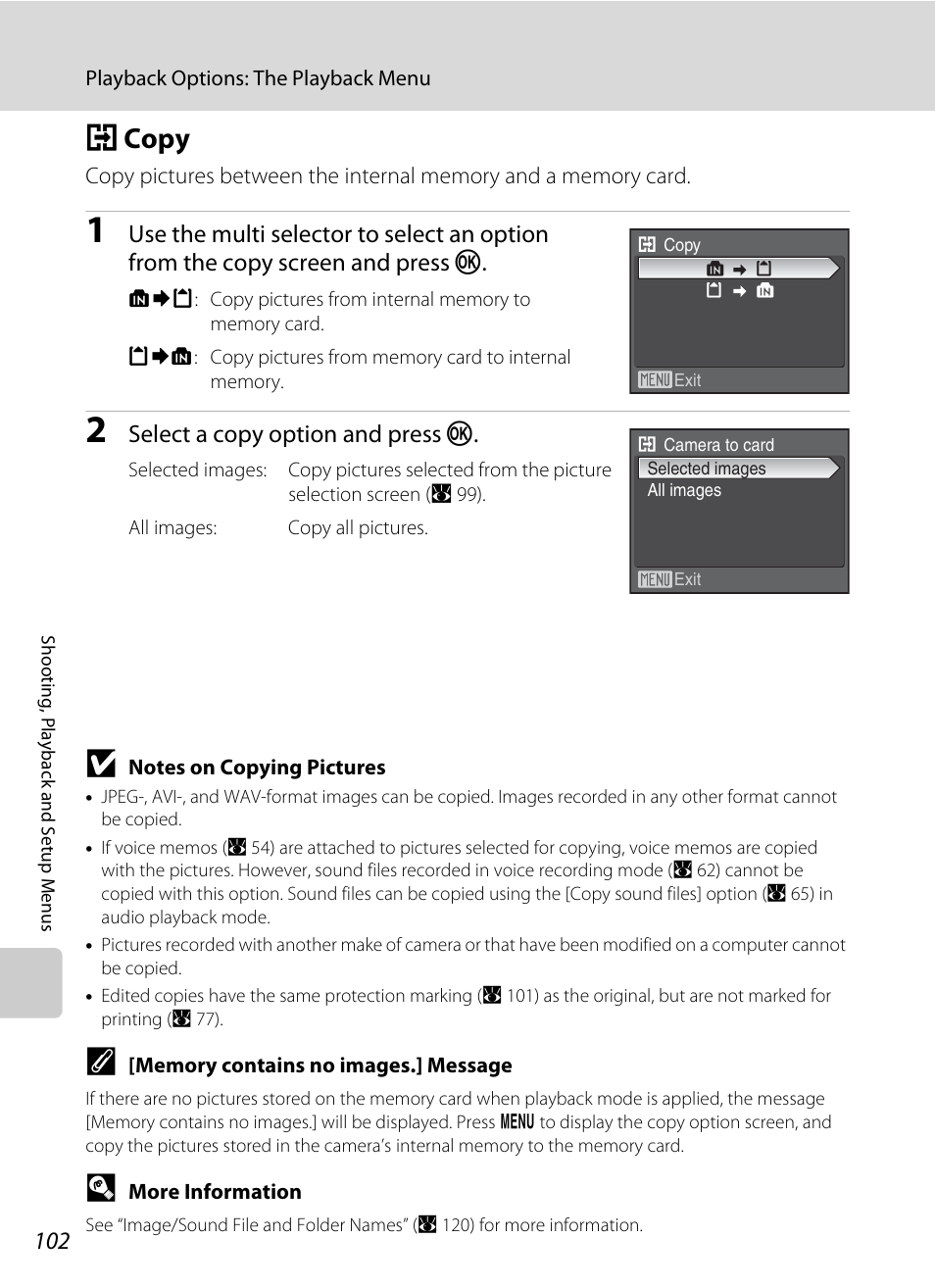 Copy, H copy, A 102 | A 102), Select a copy option and press k | Nikon Coolpix P50 User Manual | Page 114 / 152