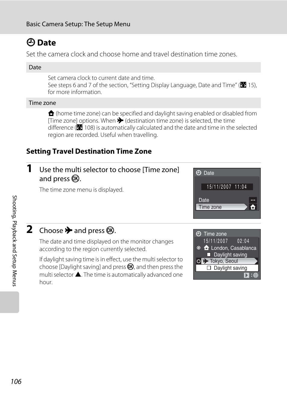 Date, D date, A 106) | A 106, Setting travel destination time zone, Choose x and press k | Nikon Coolpix P50 User Manual | Page 118 / 152