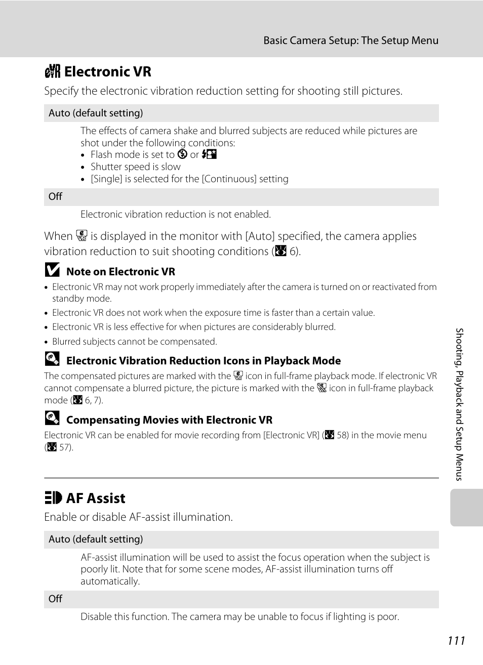 Electronic vr, Af assist, W electronic vr h af assist | A 111) in, A 111), A 111) and “image, A 111, W electronic vr, H af assist | Nikon Coolpix P50 User Manual | Page 123 / 152