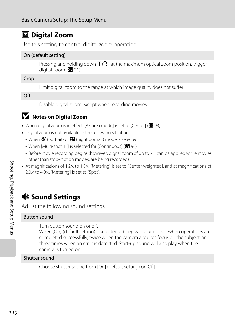 Digital zoom, Sound settings, U digital zoom i sound settings | A 112, U digital zoom, I sound settings | Nikon Coolpix P50 User Manual | Page 124 / 152