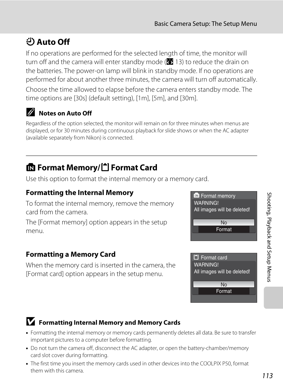Auto off, Format memory/format card, K auto off l format memory/m format card | A 113), A 113, K auto off | Nikon Coolpix P50 User Manual | Page 125 / 152