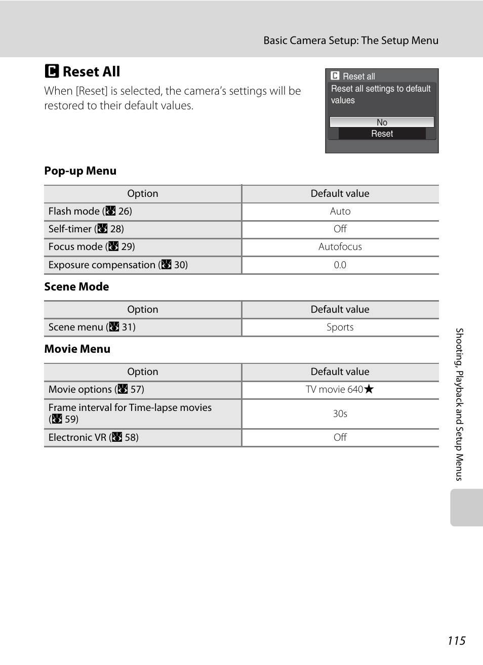 Reset all, P reset all, A 115 | Nikon Coolpix P50 User Manual | Page 127 / 152