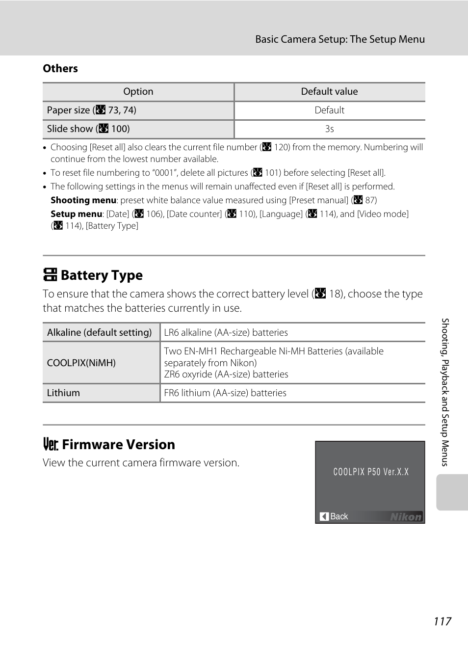 Battery type, Firmware version, S battery type r firmware version | A 117), A 117, S battery type, R firmware version | Nikon Coolpix P50 User Manual | Page 129 / 152