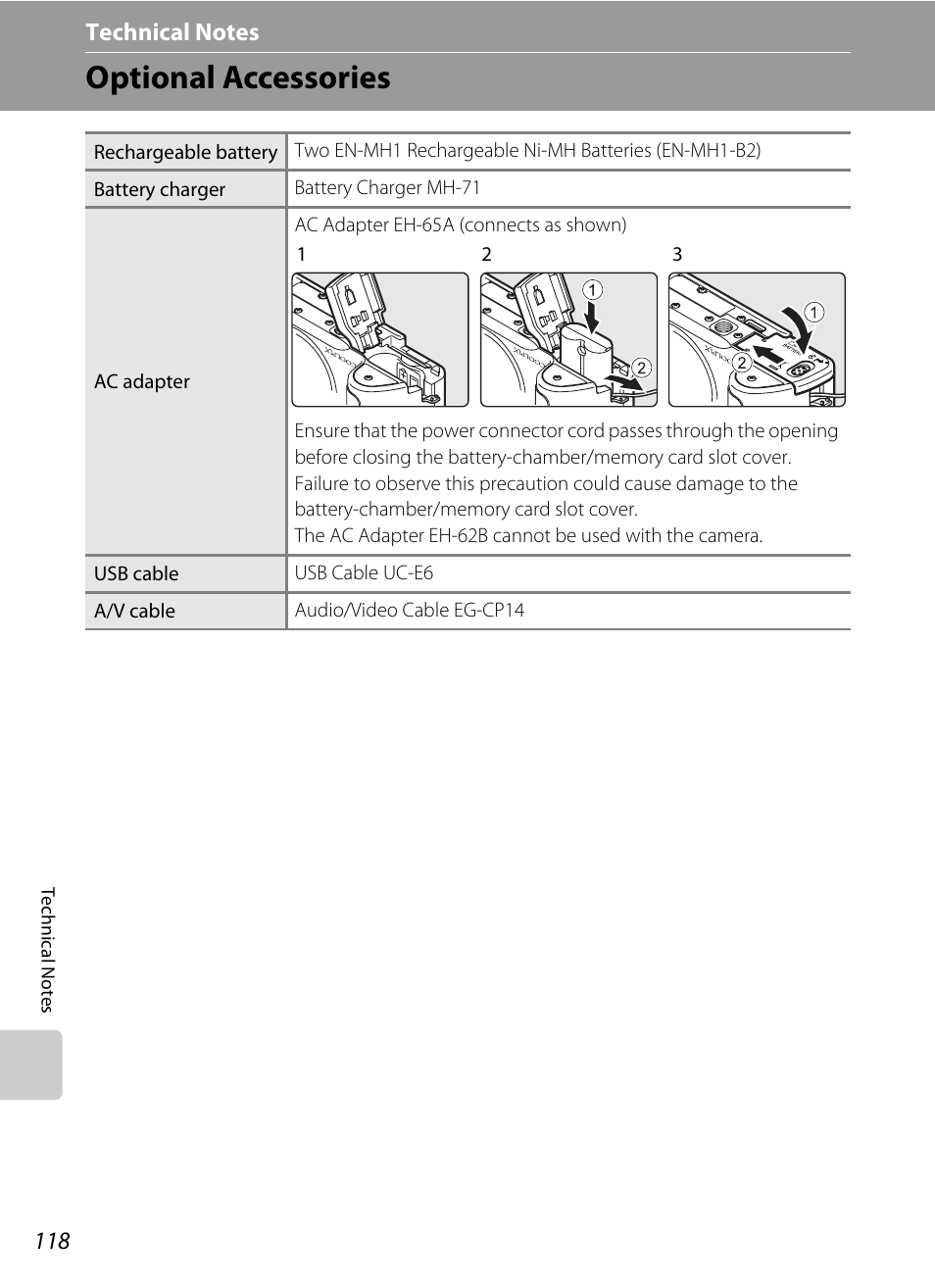 Technical notes, Optional accessories, A 118) | Nikon) | Nikon Coolpix P50 User Manual | Page 130 / 152