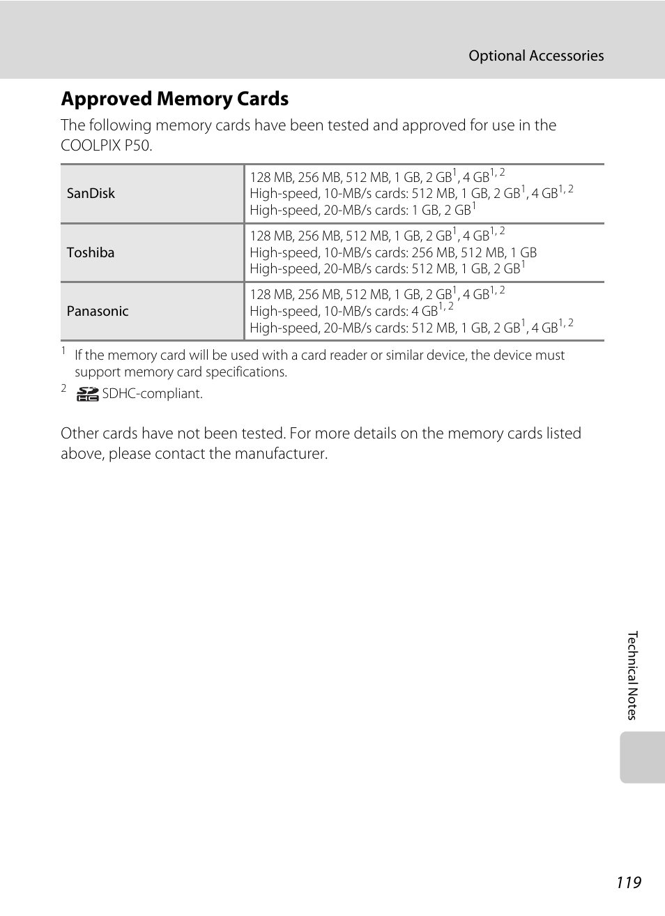 Approved memory cards | Nikon Coolpix P50 User Manual | Page 131 / 152