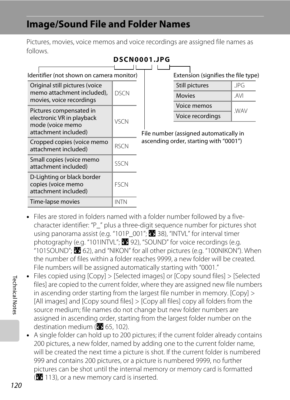 Image/sound file and folder names, A 120) for mor, E “image/sound file and folder names | Sound file and folder, Names, A 120 | Nikon Coolpix P50 User Manual | Page 132 / 152