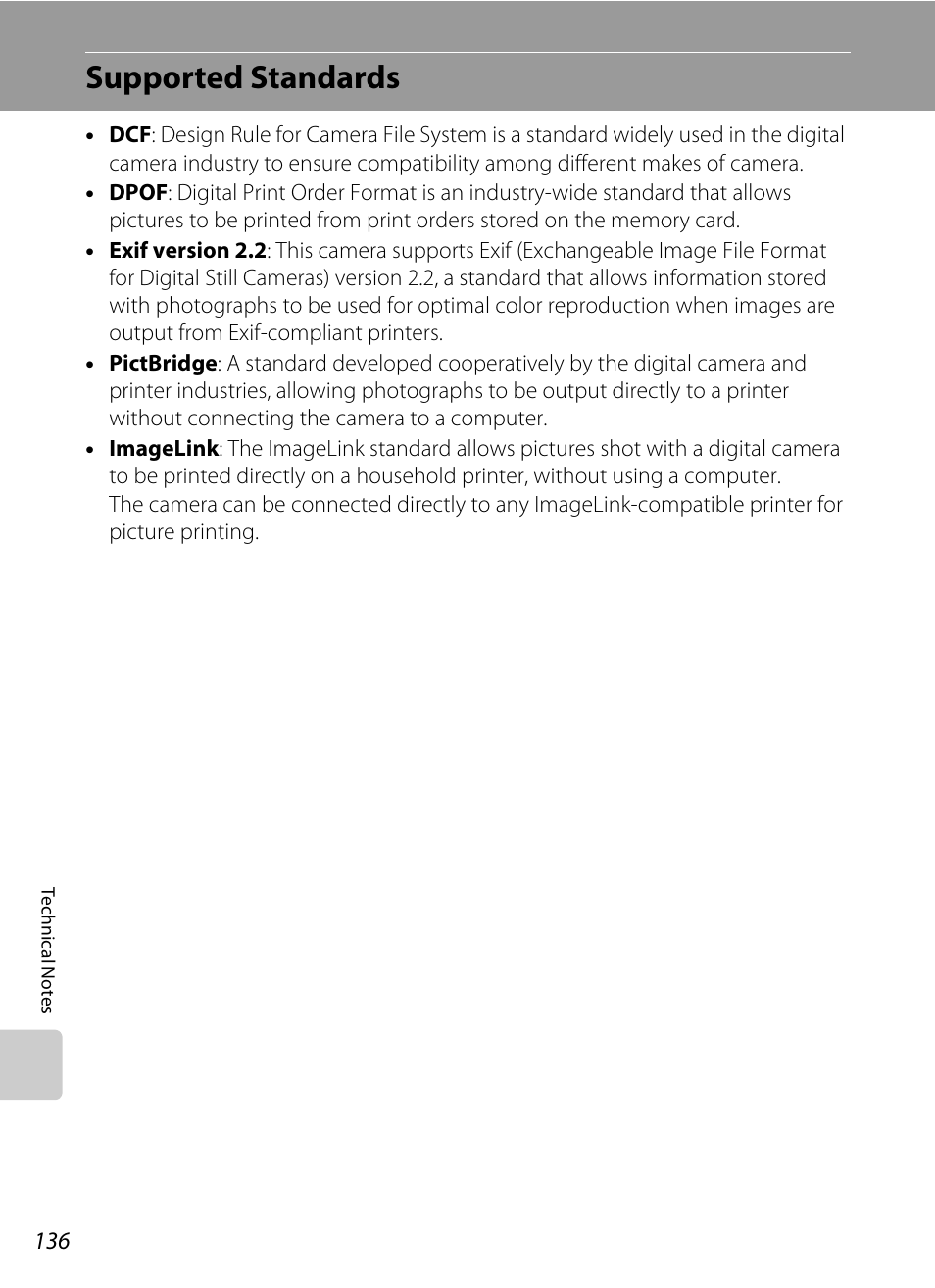 Supported standards, Tible, A 136) p | A 136) | Nikon Coolpix P50 User Manual | Page 148 / 152