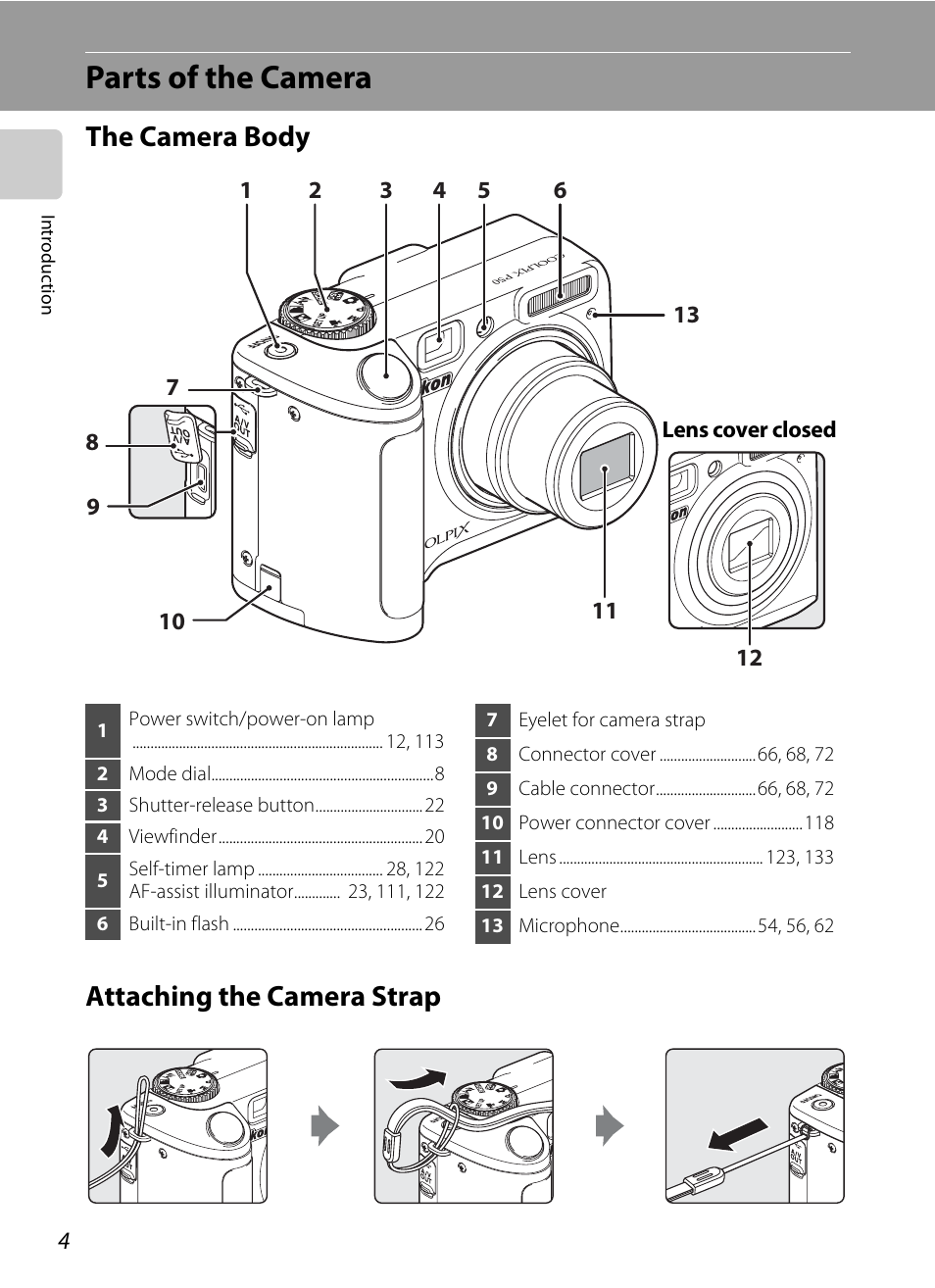 Parts of the camera, The camera body, Attaching the camera strap | The camera body attaching the camera strap | Nikon Coolpix P50 User Manual | Page 16 / 152