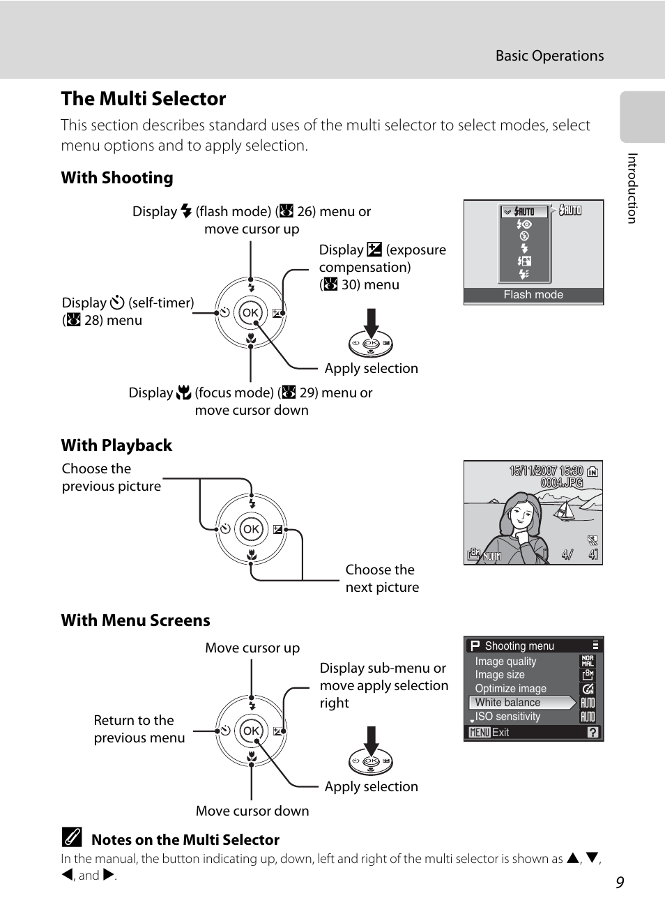 The multi selector, With shooting with playback with menu screens | Nikon Coolpix P50 User Manual | Page 21 / 152