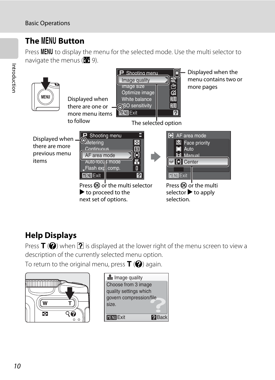 The menu button, Help displays, D button | The d button | Nikon Coolpix P50 User Manual | Page 22 / 152