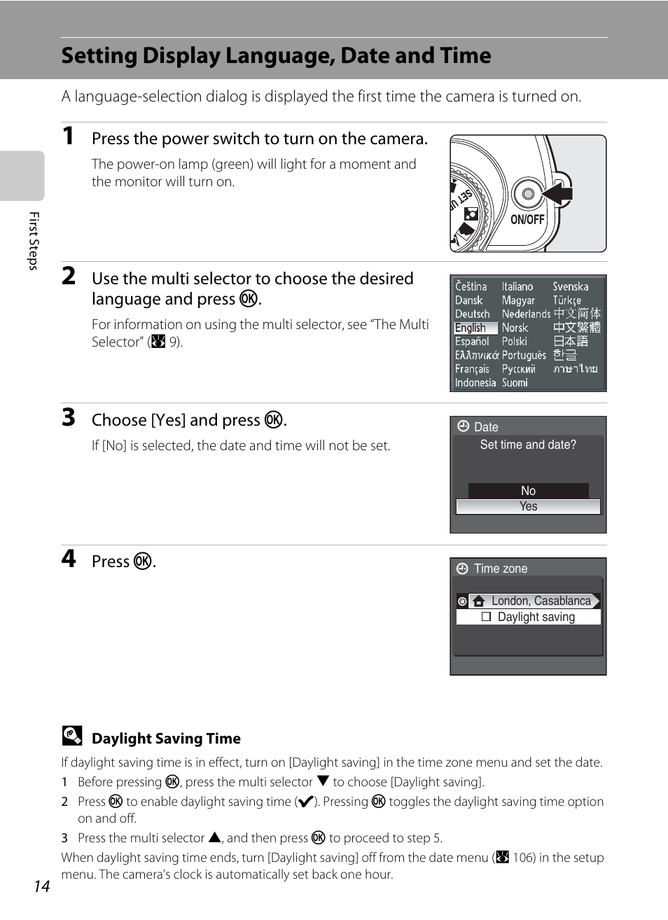 Setting display language, date and time | Nikon Coolpix P50 User Manual | Page 26 / 152