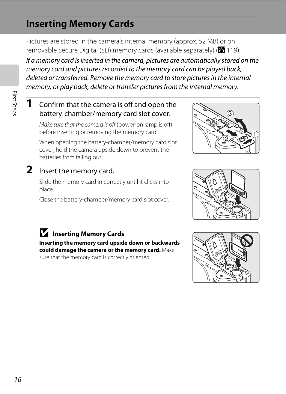 Inserting memory cards | Nikon Coolpix P50 User Manual | Page 28 / 152