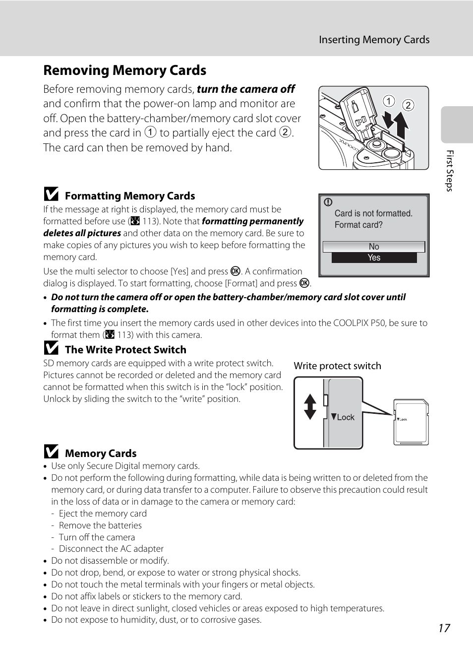 Removing memory cards | Nikon Coolpix P50 User Manual | Page 29 / 152