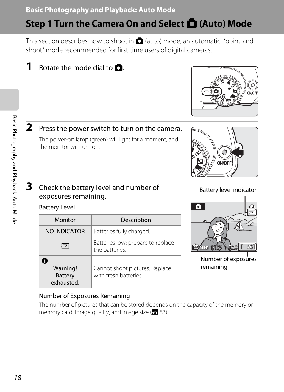 Basic photography and playback: auto mode, Step 1 turn the camera on and select (auto) mode, A basic photography and playback: auto mode | Step 1 turn the camera on and select a (auto) mode, A 18) | Nikon Coolpix P50 User Manual | Page 30 / 152