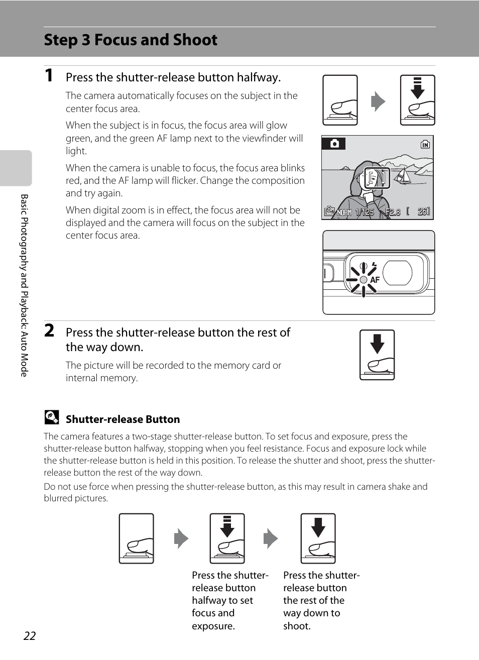 Step 3 focus and shoot, Press the shutter-release button halfway | Nikon Coolpix P50 User Manual | Page 34 / 152