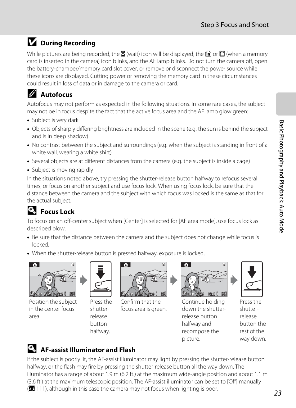 Step 3 focus and shoot, During recording, Autofocus | Focus lock, Af-assist illuminator and flash | Nikon Coolpix P50 User Manual | Page 35 / 152