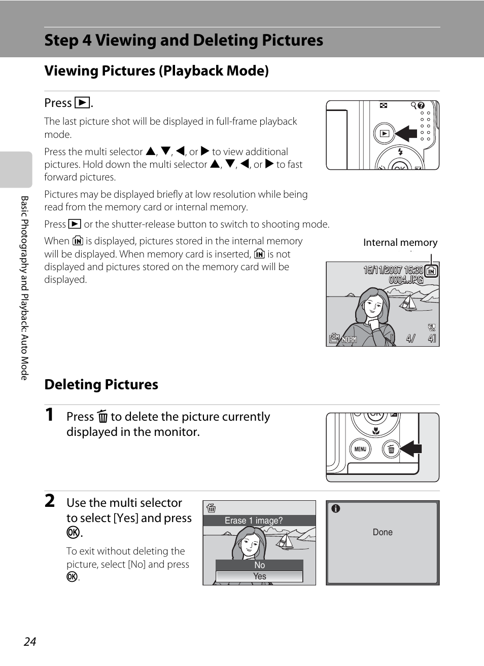 Step 4 viewing and deleting pictures, Viewing pictures (playback mode), Deleting pictures | Nikon Coolpix P50 User Manual | Page 36 / 152