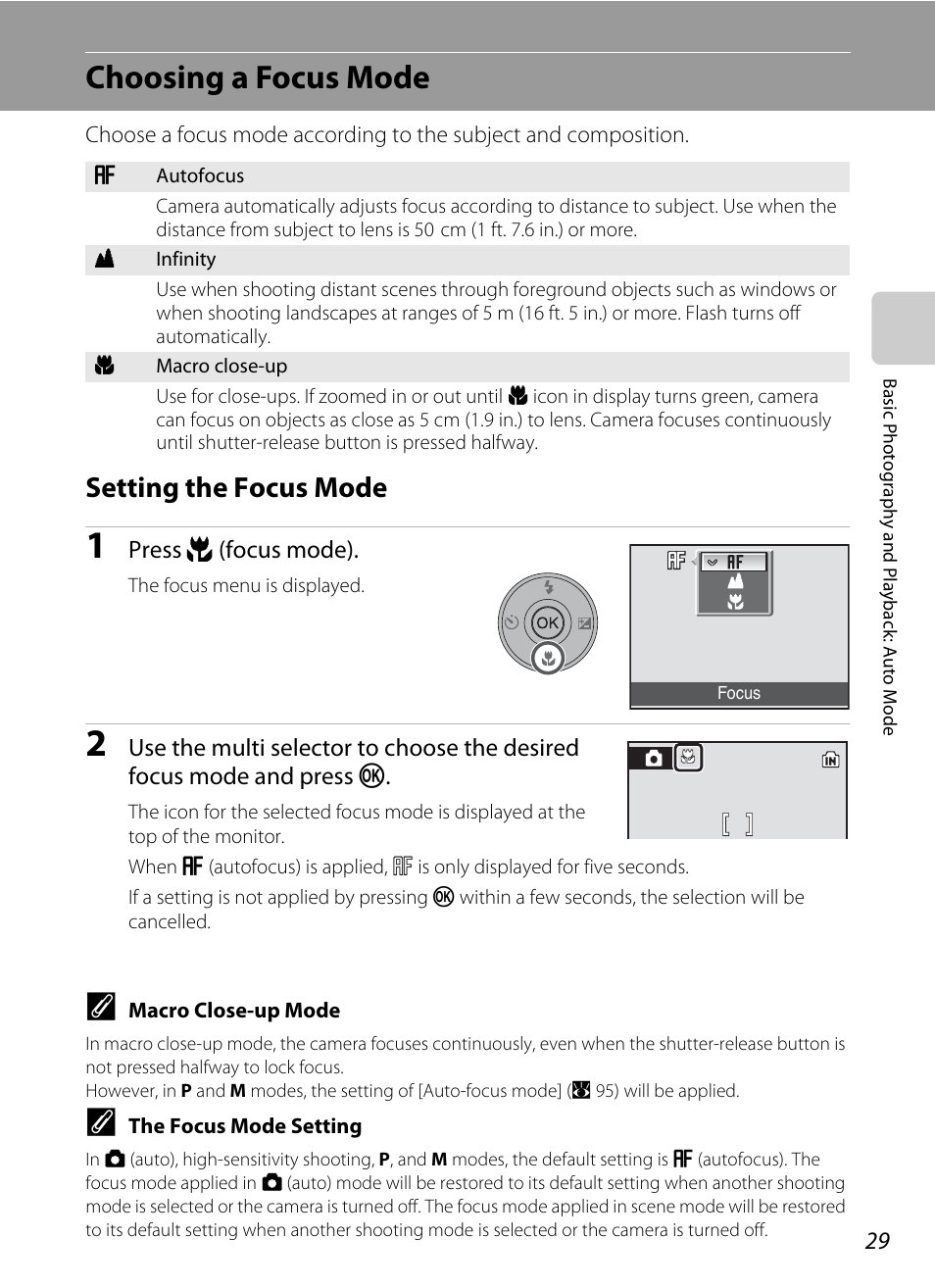 Choosing a focus mode, Setting the focus mode, A 29 | A 29) and | Nikon Coolpix P50 User Manual | Page 41 / 152