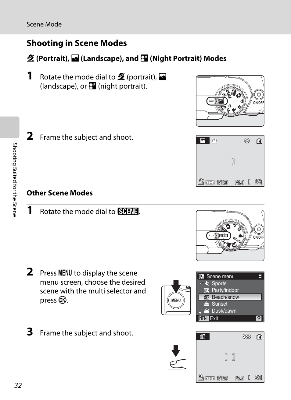 Shooting in scene modes, Frame the subject and shoot. other scene modes, Rotate the mode dial to y | Frame the subject and shoot | Nikon Coolpix P50 User Manual | Page 44 / 152