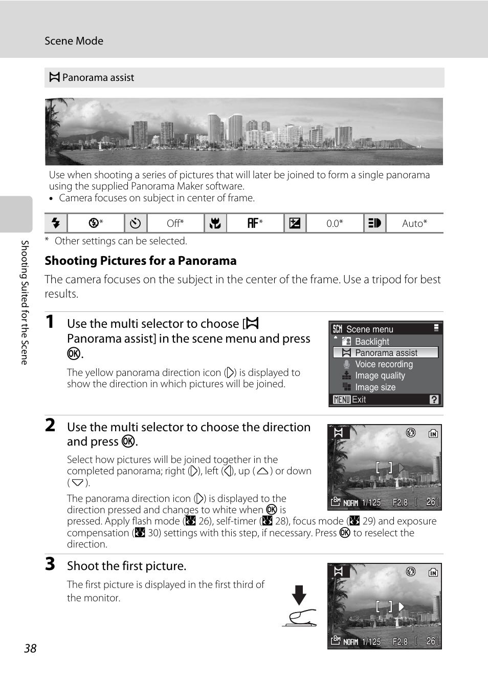 Shooting pictures for a panorama, Shoot the first picture | Nikon Coolpix P50 User Manual | Page 50 / 152