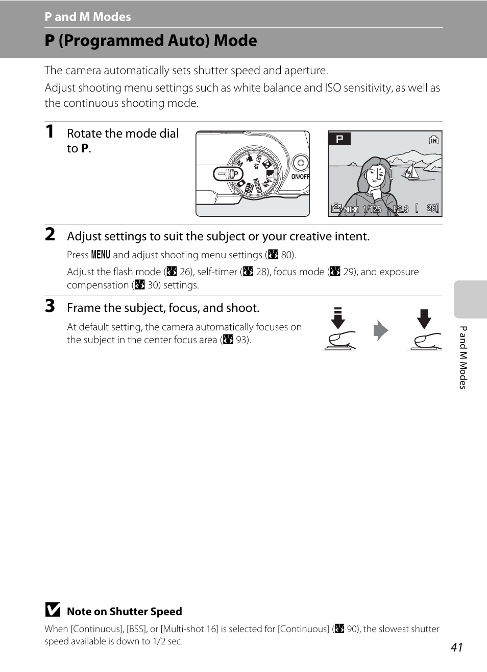 P and m modes, P (programmed auto) mode, Pm p and m modes | A 41, 42 | Nikon Coolpix P50 User Manual | Page 53 / 152