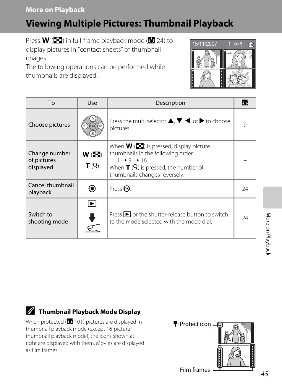 More on playback, Viewing multiple pictures: thumbnail playback, C more on playback | Nikon Coolpix P50 User Manual | Page 57 / 152