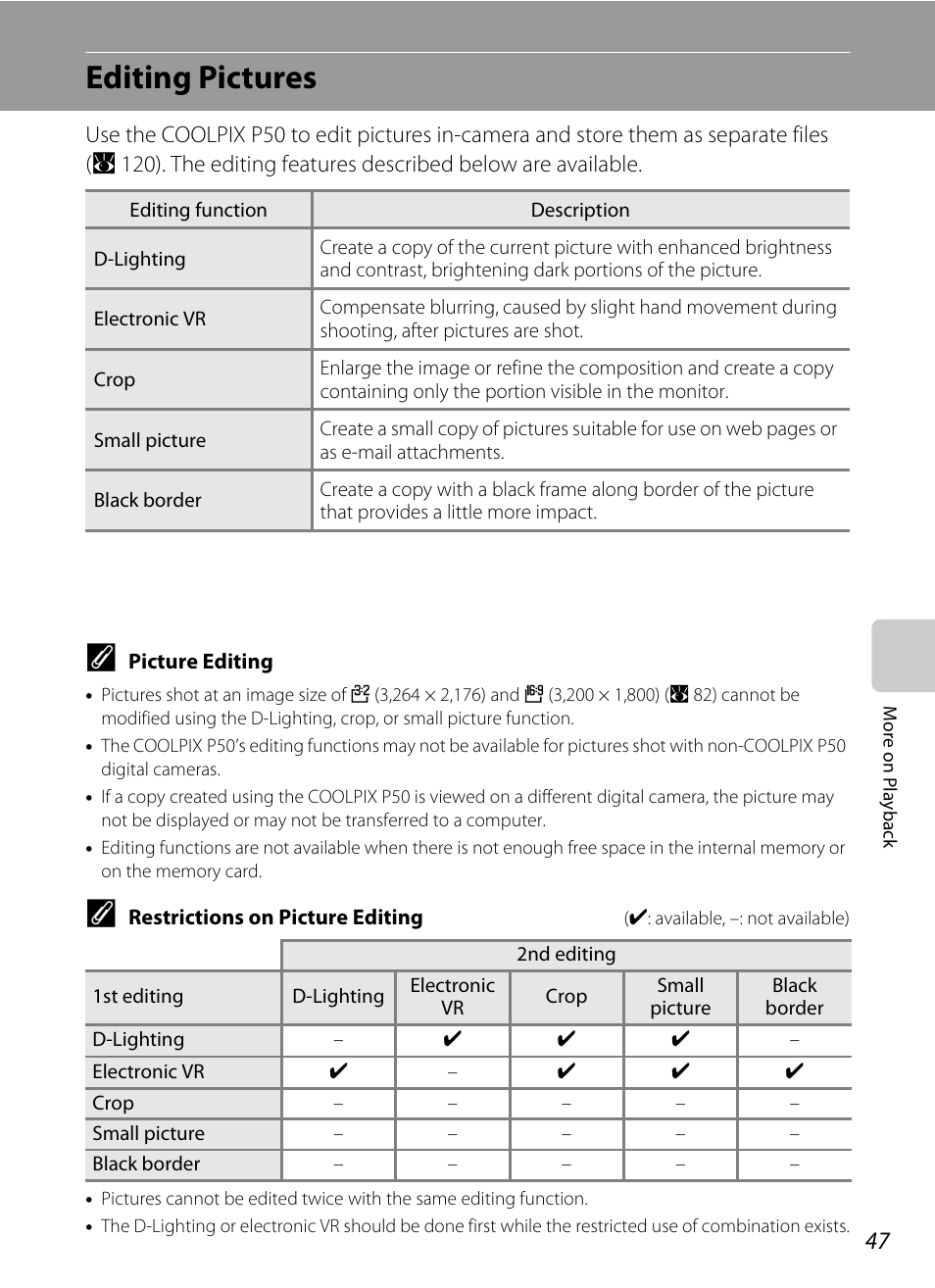 Editing pictures | Nikon Coolpix P50 User Manual | Page 59 / 152