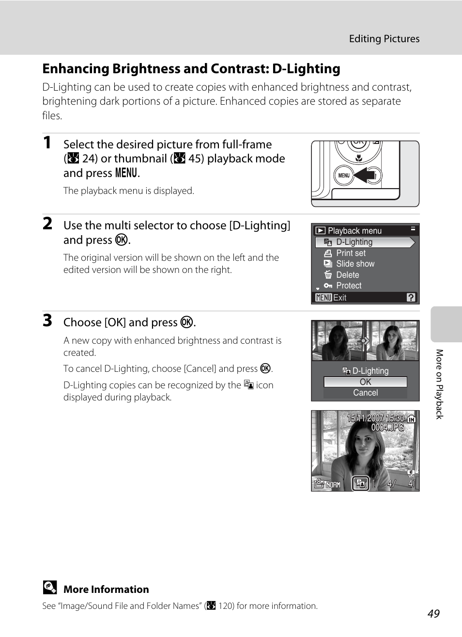 Enhancing brightness and contrast: d-lighting, Choose [ok] and press k | Nikon Coolpix P50 User Manual | Page 61 / 152