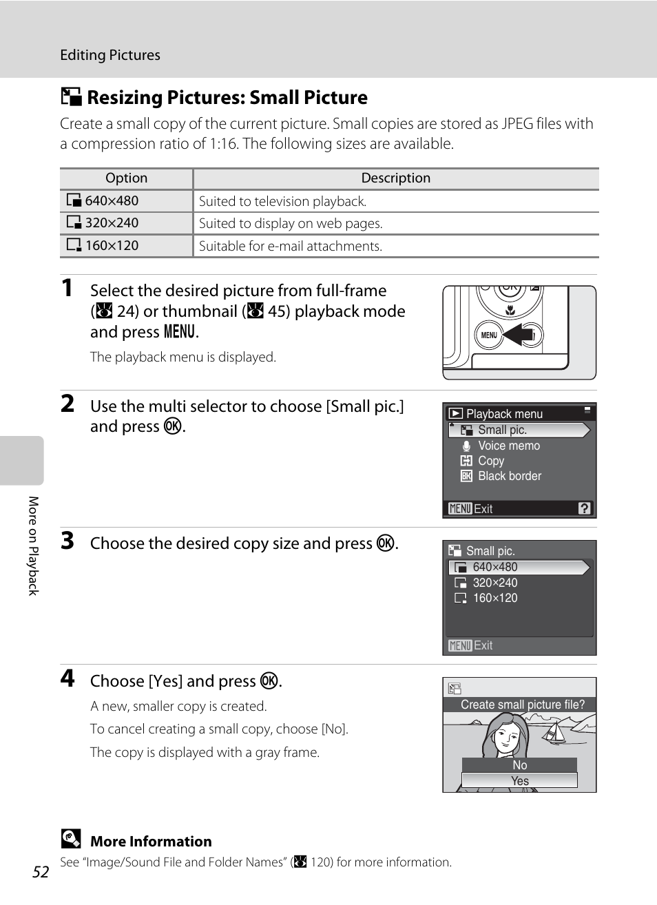 Resizing pictures: small picture, G resizing pictures: small picture | Nikon Coolpix P50 User Manual | Page 64 / 152