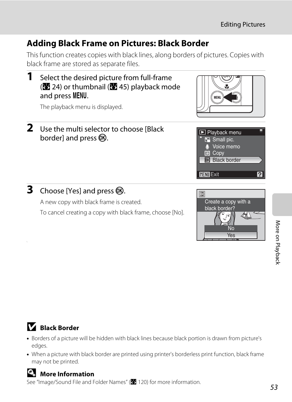 Adding black frame on pictures: black border | Nikon Coolpix P50 User Manual | Page 65 / 152