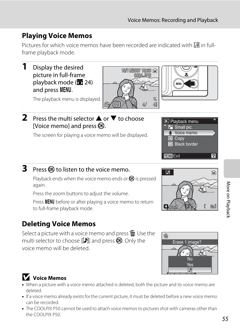 Of “playing voice memos, A 55) to | Nikon Coolpix P50 User Manual | Page 67 / 152