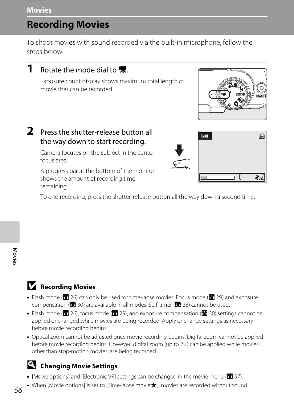 Movies, Recording movies, D movies | A 56) | Nikon Coolpix P50 User Manual | Page 68 / 152