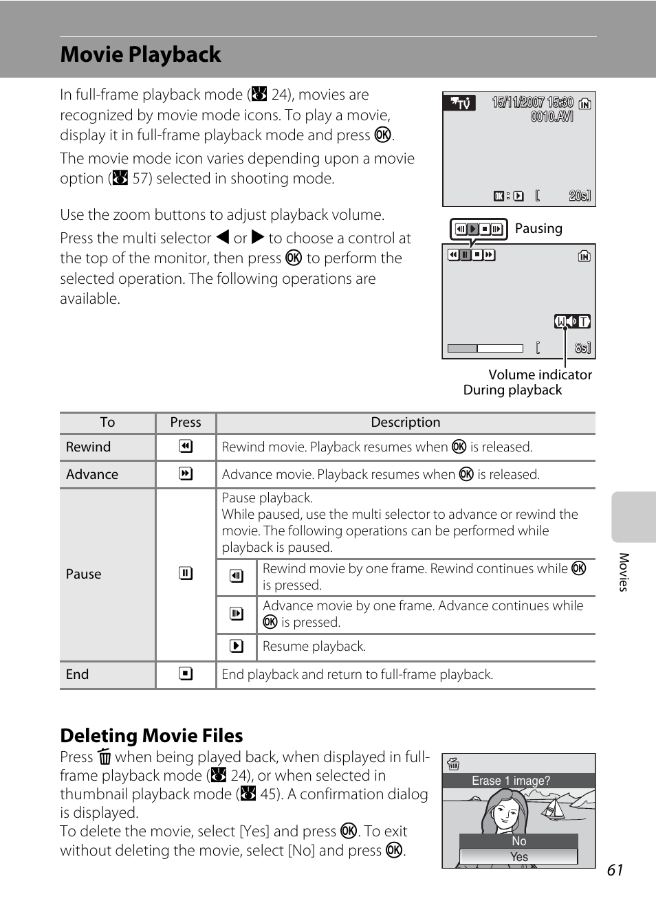 Movie playback, Deleting movie files | Nikon Coolpix P50 User Manual | Page 73 / 152