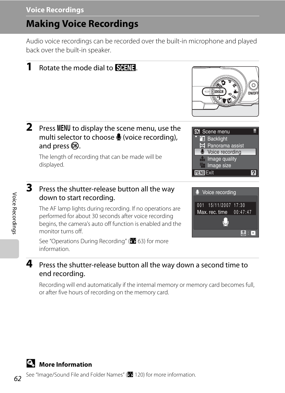 Voice recordings, Making voice recordings, E voice recordings | A 62) | Nikon Coolpix P50 User Manual | Page 74 / 152