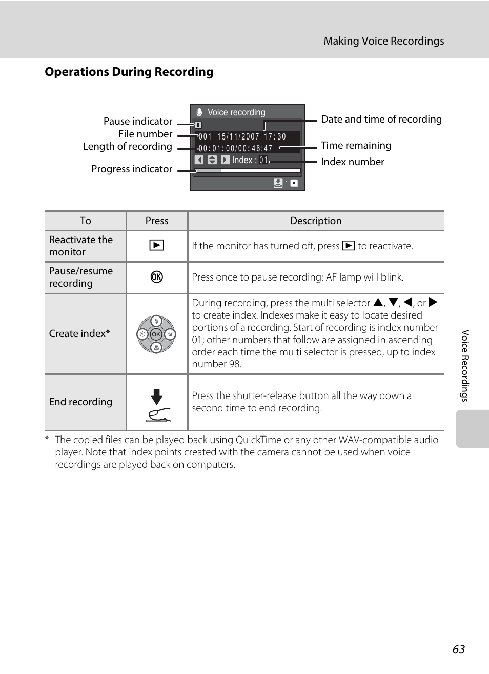 Operations during recording, A 63) for more | Nikon Coolpix P50 User Manual | Page 75 / 152