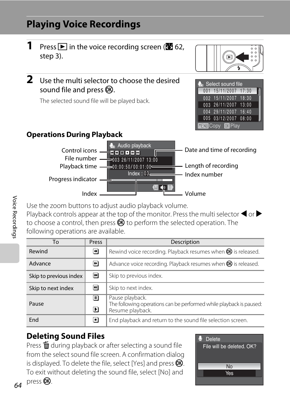 Playing voice recordings, Deleting sound files, Operations during playback | Nikon Coolpix P50 User Manual | Page 76 / 152