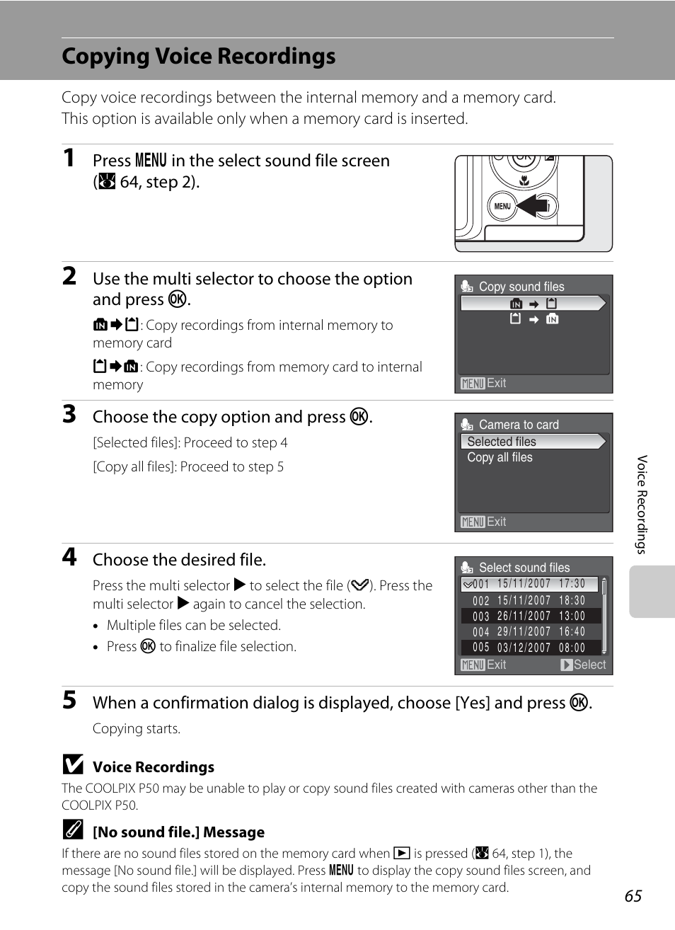 Copying voice recordings | Nikon Coolpix P50 User Manual | Page 77 / 152